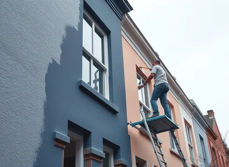 Peintre sur échafaudage traitant la façade d'une maison