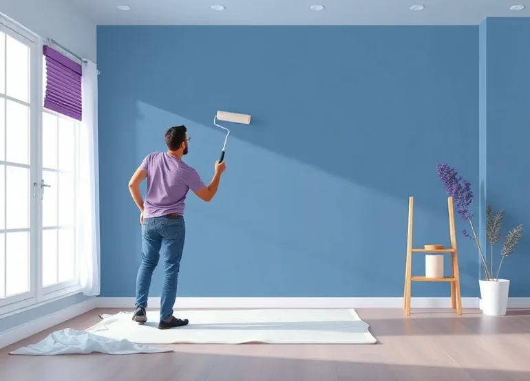 Peintre appliquant la peinture au rouleau sur un mur de salon